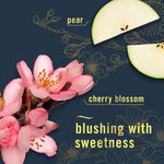 Graphic of cherry blossom flowers and sliced pear with text describing cherry blossom and blushing with sweetness on dark background.