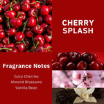 Collage style image with cherries, cherry close-up, blossoms and vanilla bean alongside CHERRY SPLASH and fragrance notes text