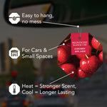Infographic-style lifestyle image showing a Cherry Splash hang tag with callouts: easy to hang, for cars & small spaces, heat affects scent