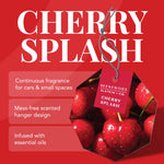 Red promotional graphic showing a Cherry Splash hang tag over large CHERRY SPLASH text and three product feature blurbs