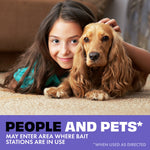 Photo of a child lying beside a dog above text noting people and pets may enter areas where bait stations are in use