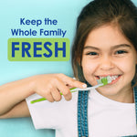 Smiling child holding and brushing with a green-handled toothbrush alongside 'Keep the Whole Family FRESH' text