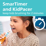 Child using a Philips Sonicare kids toothbrush with pet-themed handle and timer icon