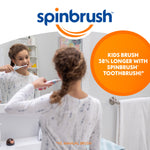Child brushing teeth in front of a bathroom mirror with Spinbrush logo and orange callout about kids brushing longer