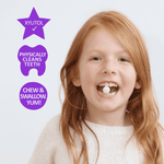 Child with open mouth holding a white chewable tablet, purple icons noting xylitol and cleaning benefits