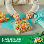 Child closing a Hefty Zoo Pals press-to-close bag filled with ridged chips on a countertop
