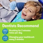 Photo of a child reclined at the dentist with overlay text 'Dentists Recommend' and brushing guidance icons and tips.
