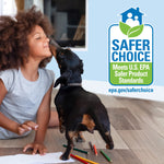 Child and small dog on hard floor next to EPA Safer Choice badge promoting safer product standards