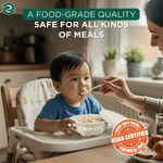 Toddler at a highchair being fed from a white compostable bowl with USDA certified badge and text about food-grade quality