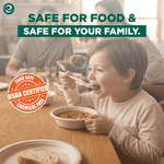 Child eating soup with a white compostable spoon at a family table and USDA certified badge graphic