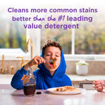 Child eating at a table with text claiming the detergent cleans more common stains better than a leading value brand
