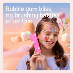 Smiling child holding a pink Boka Kids Bubble Gum toothpaste tube with playful stickers on face and text reading bubble gum bliss.