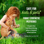 Child sitting on grass holding a cat with overlay text Safe for kids & pets and forget synthetic pesticides