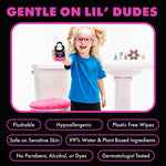 Child in a bathroom holding a Lil' DUDE Wipes pocket pack with benefit icons below listing features like flushable and hypoallergenic.