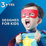 Young child wearing a red mask and cape shouting with text ‘Designed for kids’ and age 3+ on blue background