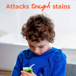 Child looking down at a stained blue hoodie with 'Attacks tough stains' headline and Purex bubble graphics.