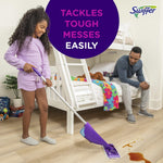Lifestyle shot of a child using a purple Swiffer WetJet mop on a bedroom floor while an adult watches from a bed.