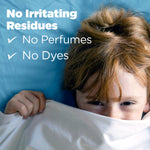 Child peeking from under sheets with overlay text stating no irritating residues, no perfumes, no dyes