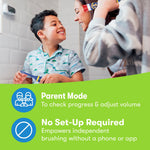 Lifestyle image of a smiling child at a bathroom sink with a parent, overlaid with parent mode and no set-up required icons