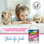 Lifestyle image with a child and two puppies on a carpet plus a small OdoBan 3-in-1 gallon and bold product claim text