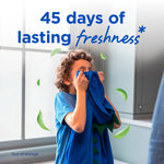 Child holding and smelling a blue garment with floating green leaves and text claiming '45 days of lasting freshness'