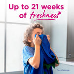 Child smelling a blue garment under headline text about up to 21 weeks of freshness
