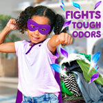 Child wearing a purple superhero mask in a laundry scene with text 'Fights Tough Odors' and Gain scent booster graphics