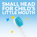 Close-up of a child's toothbrush head with blue bristles on light blue background and bold text about small head for child's mouth