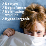 Close-up of a child peeking from under a white sheet with text listing no dyes, no perfumes, no irritating residues and hypoallergenic