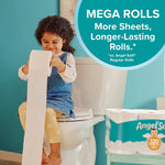 Child sitting on a toilet unrolling a long strip of toilet paper with an AngelSoft pack and mega-roll callout