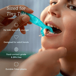 Child having mouth flossed with a turquoise COCOLAB reusable flosser, overlay text lists age guidance and material features