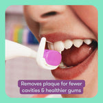 Close-up of a child’s mouth as a purple Frida flosser head cleans between teeth, with plaque-removal callout text.