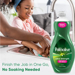 Child washing dishes at sink with a Palmolive Ultra Strength bottle prominently displayed in foreground