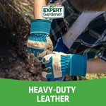 Child wearing teal-and-tan gardening gloves using a hand tool in a garden, Expert Gardener logo above and 'heavy-duty leather' text below.