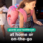 Child wearing a pink backpack with a red Steripod attached, promotional text about guarding toothbrushes