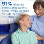 Young boy smiling at a dental professional with text stating a statistic about dental professionals preferring Philips Sonicare for Kids.