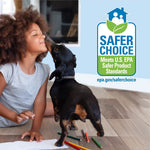 Child and small dog on a hard-surface floor next to EPA Safer Choice badge promoting safe cleaning product choice
