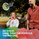 Child with a red popsicle and a visible red stain on their sweatshirt, Shout logo and colorful paint accents.