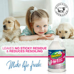 Child lying on carpet between two puppies with OdoBan 3-in-1 carpet cleaner jug and promotional text about no sticky residue