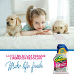 Smiling child lying on carpet between two puppies with OdoBan Pet Oxy Stain Remover graphic and headline about no sticky residue