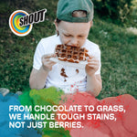 Child eating a waffle with a stained shirt and colorful Shout logo plus text about handling tough stains.