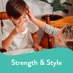 Two children at a table using clear Chinet-style disposable cups while a teal banner reads ‘Strength & Style’