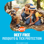 Three children exploring a forest floor with magnifying glass in a nature scene, OFF! logo and DEET-free protection text