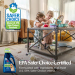 Children playing at a coffee table on a rug with an EPA Safer Choice badge and product bottle inset