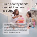 Two children playing on a bathroom floor with a Boka Kids toothpaste tube visible nearby and overlay text about building healthy habits.