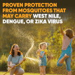 Outdoor photo of children playing with a hose overlaid by large text about proven protection from mosquitoes that may carry viruses