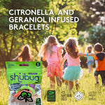 Children running through a sunlit field with a Shubug pouch inset and large headline 'CITRONELLA AND GERANIOL INFUSED BRACELETS'.