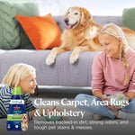 Two children sitting on the floor with a golden retriever on the couch and BISSELL spot-and-stain bottle inset with cleaning claim text.