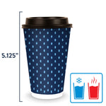 Blue patterned Chinet 16 oz paper cup with black lid and a height measurement graphic.