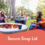 Outdoor campfire scene with people holding blue patterned Chinet cups and a promotional "Secure Snap Lid" banner.